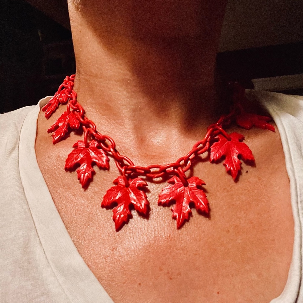 Vintage celluloid? Red leaf necklace with toggle clasp.